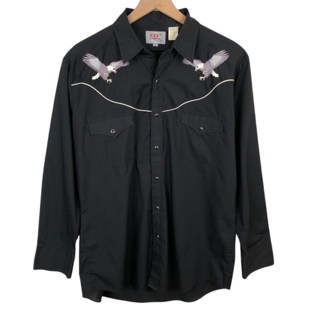 ELY DIAMOND Western Eagle Embroidery Pearl Snap Shirt Men's Sz L Black 3051